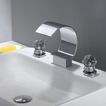 Mooni Chrome Waterfall Spout 2 Crystal Handle Widespread Bathroom Sink Faucet